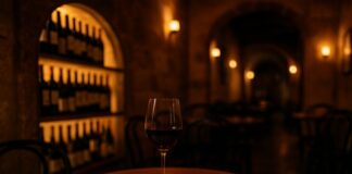 몰타 감성 칼럼 ⑤ — 몰타의 테이블, 기억을 마시는 저녁 어두운 와인바 내부에서 파스티치와 와인이 나무 테이블 위에 놓여 있다. 조명이 은은하게 감싸고 있다.