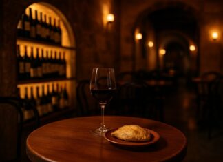 몰타 감성 칼럼 ⑤ — 몰타의 테이블, 기억을 마시는 저녁 어두운 와인바 내부에서 파스티치와 와인이 나무 테이블 위에 놓여 있다. 조명이 은은하게 감싸고 있다.