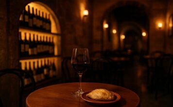 몰타 감성 칼럼 ⑤ — 몰타의 테이블, 기억을 마시는 저녁 어두운 와인바 내부에서 파스티치와 와인이 나무 테이블 위에 놓여 있다. 조명이 은은하게 감싸고 있다.