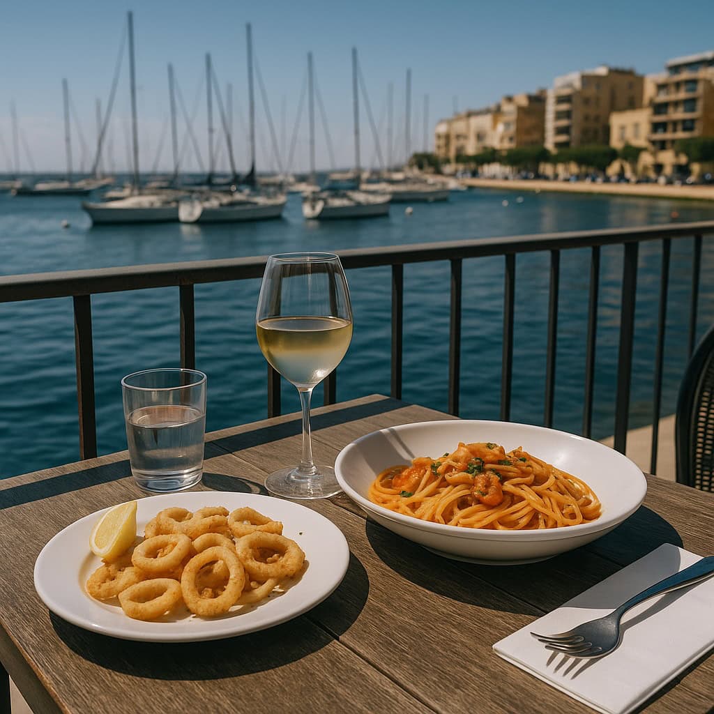 슬리에마 해변 점심slima-lunch-harbour-view 요트가 정박한 항구 옆 테이블에 칼라마리와 파스타가 놓여 있고, 바다 위 햇살이 번진다.