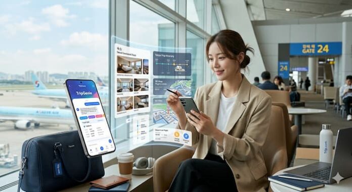 공항 라운지에서 스마트폰 AI 여행 앱 트립지니를 이용해 항공권과 호텔을 비교하며 여행 계획을 세우는 여성 여행객