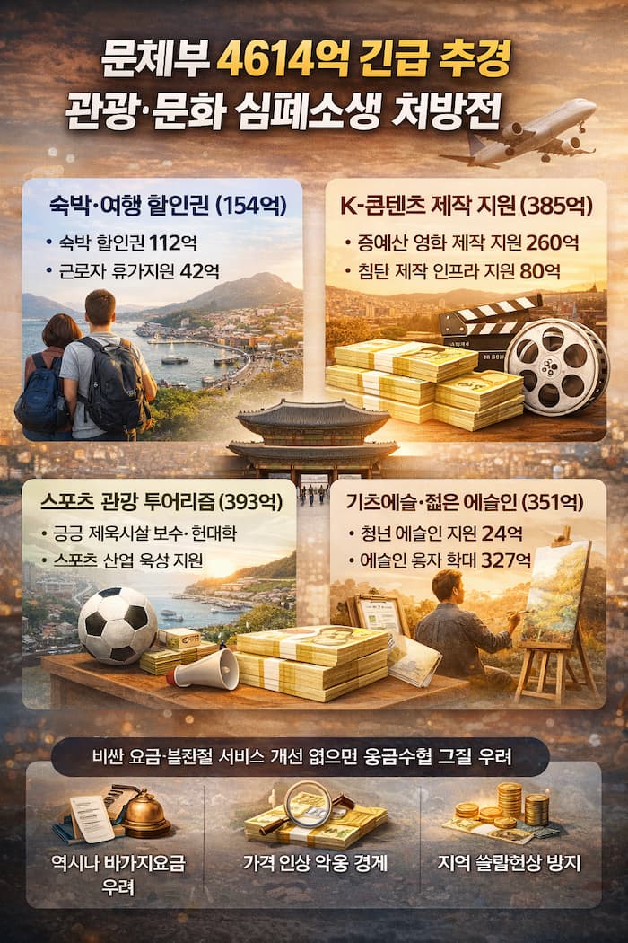 문체부 4,614억 원 긴급 추경의 주요 지원 항목을 정리한 관광·문화 예산 인포그래픽 이미지