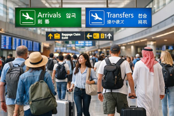 국제공항 터미널에서 이동하는 외국인 관광객들