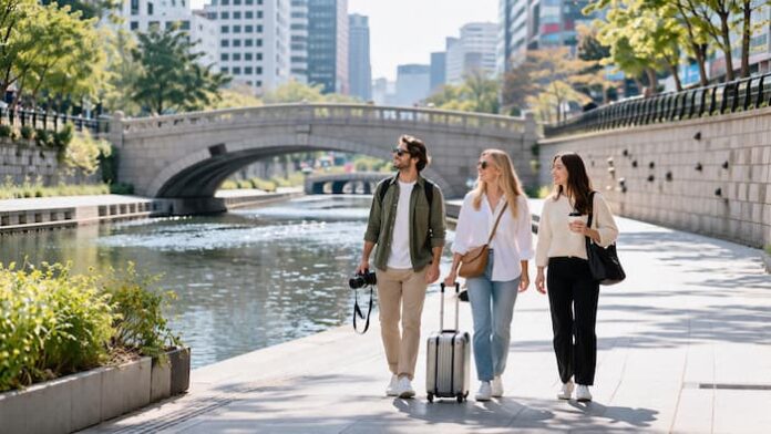 ChatGPT Image 2026년 4월 14일 오후 09_02_36 청계천 산책로를 걷는 외국인 관광객들과 서울 도심 전경