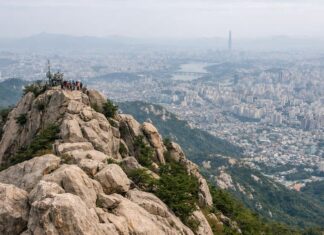 Walking Korea’s Mountains ① Gwanaksan Rocky summit view of Gwanaksan overlooking Seoul on a hazy day
