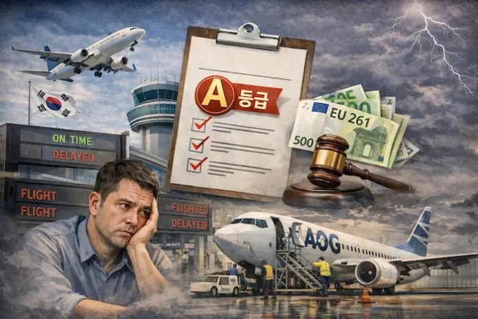 항공 지연과 결항으로 불안해하는 승객과 공항 전광판, 정비 중인 항공기를 담은 기사 대표 이미지
