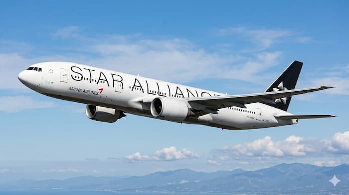 푸른 하늘을 배경으로 비행 중인 아시아나항공 여객기 모습