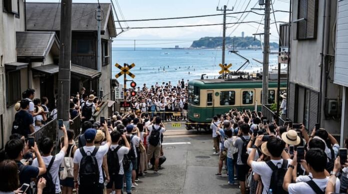 가마쿠라 주택가 철도 건널목에 몰린 관광객과 지나가는 에노덴 전철
