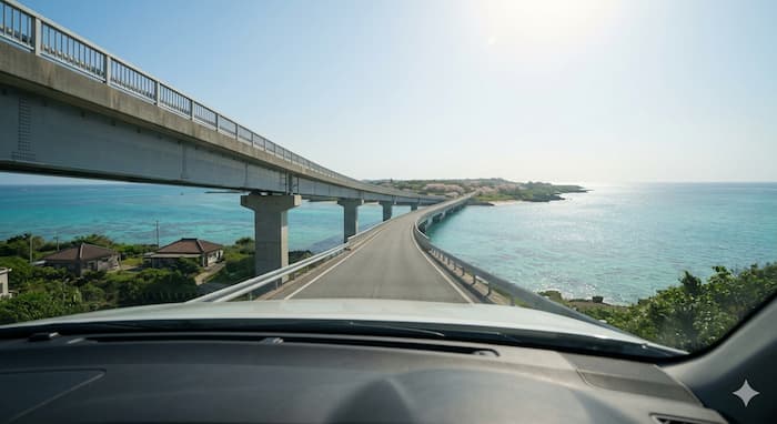 미야코지마 이라부 대교를 달리는 자동차 내부 시점 사진