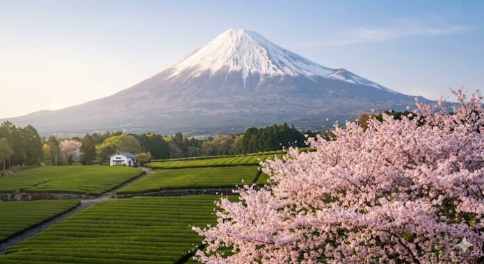 후지산 배경의 벚꽃과 녹차 밭 전경 사진