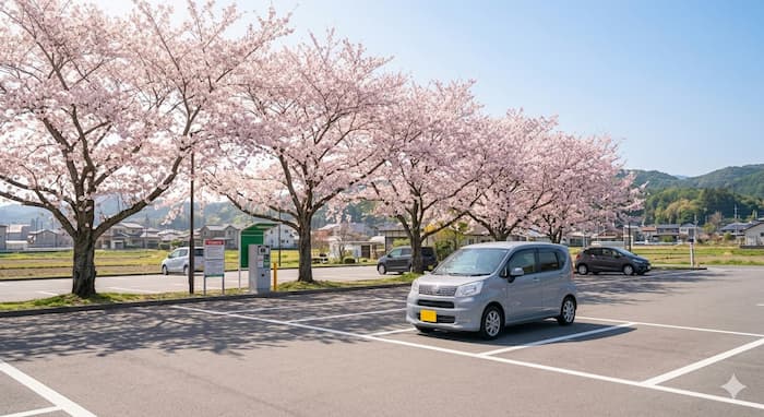 벚꽃 나무 아래 주차된 일본 렌터카 사진