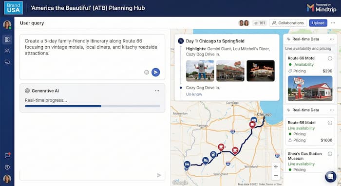 AI 기반 여행 플랫폼 ATB 플래닝 허브 인터페이스 화면과 실시간 여행 일정 생성 기능