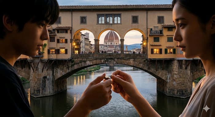 피렌체 두오모를 배경으로 마주 보는 남녀의 사진
