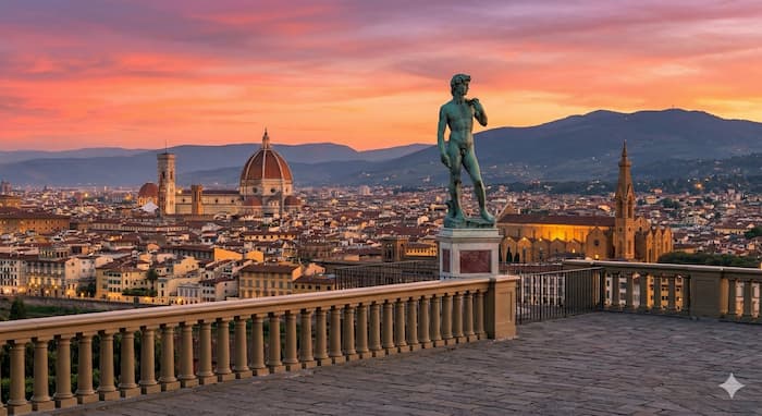 미켈란젤로 언덕에서 본 피렌체 일몰 풍경과 다비드 조각상