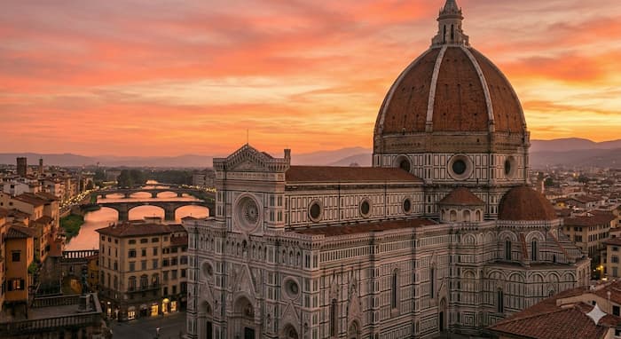 피렌체 두오모 성당의 붉은 돔과 대리석 벽면 사진