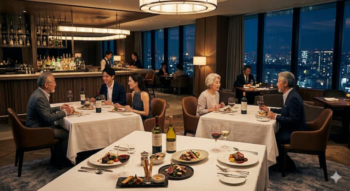 따뜻한 조명 아래 베이지 톤 테이블에서 정갈한 뷔페 요리를 여유롭게 즐기는 사람들의 식사 장면.