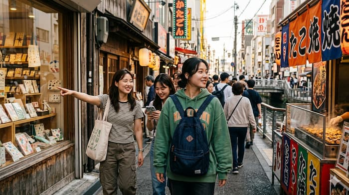 해외 도시 여행지에서 거리 문화를 체험하는 젊은 여행자들