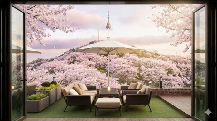 그랜드 하얏트 서울 갤러리 파티오 야외 테라스 벚꽃 Namsan Seoul Tower 남산 벚꽃 뷰 이미지