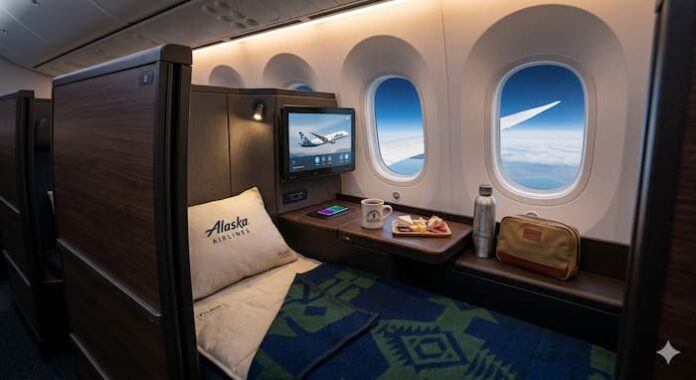 Gemini_Generated_Image_f3i9of3i9of3i9of (1) 알래스카항공 보잉 787-9 드림라이너 기종에 도입된 신규 비즈니스 클래스 스위트 내부 모습. 슬라이딩 도어와 풀플랫 좌석이 특징인 프라이빗 공간.