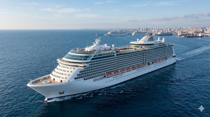 Gemini_Generated_Image_i2eu9fi2eu9fi2eu 세계 크루즈 산업을 상징하는 초대형 크루즈선이 푸른 바다를 항해하는 전경