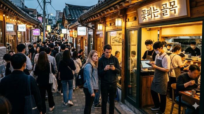 외국인 관광객과 내국인이 뒤섞여 붐비는 서울 골목 상권과 그 속의 관광 서비스 불균형을 보여주는 거리 풍경