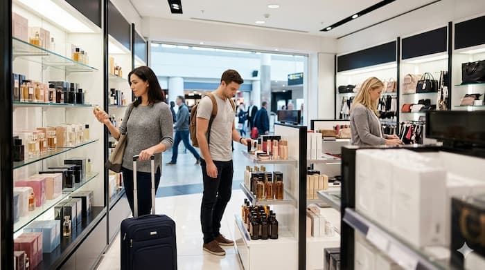 공항 면세점 내부에서 상품을 고르는 여행객들, 변화하는 소비 트렌드를 보여주는 장면 / 기사 참고용 이미지 by 미디어원