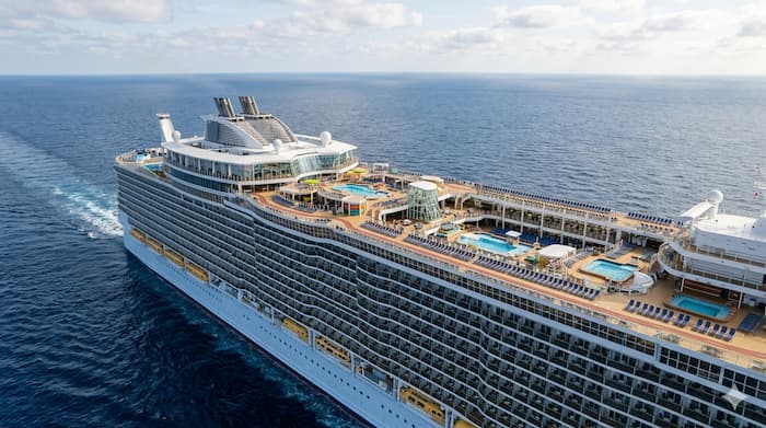 푸른 바다 위를 항해하는 초대형 크루즈선의 상부 전경과 다층 데크 시설