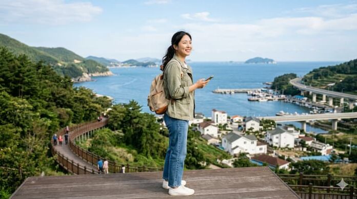 Gemini_Generated_Image_tpfcz5tpfcz5tpfc 밝은 표정의 젊은 여행자가 탁 트인 풍경 앞에서 여행을 즐기는 모습