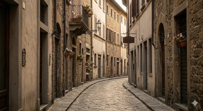 이탈리아 피렌체의 오래된 중세풍 좁은 골목길 풍경