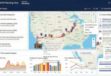 미국관광청의 AI 승부수, ‘ATB 플랫폼’이 바꿀 트래블 테크의 미래와 과제 미국 전역 여행 경로와 실시간 데이터 분석 그래프를 보여주는 ATB 플랫폼 대시보드