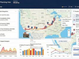 미국관광청의 AI 승부수, ‘ATB 플랫폼’이 바꿀 트래블 테크의 미래와 과제 미국 전역 여행 경로와 실시간 데이터 분석 그래프를 보여주는 ATB 플랫폼 대시보드