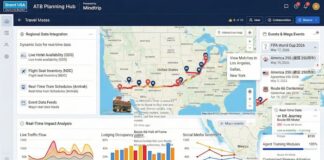 미국관광청의 AI 승부수, ‘ATB 플랫폼’이 바꿀 트래블 테크의 미래와 과제 미국 전역 여행 경로와 실시간 데이터 분석 그래프를 보여주는 ATB 플랫폼 대시보드