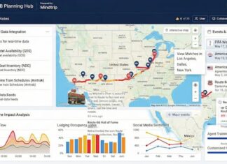 미국관광청의 AI 승부수, ‘ATB 플랫폼’이 바꿀 트래블 테크의 미래와 과제 미국 전역 여행 경로와 실시간 데이터 분석 그래프를 보여주는 ATB 플랫폼 대시보드