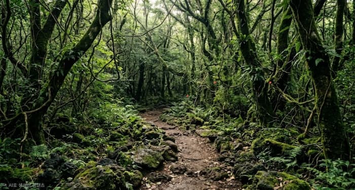 제주 서귀포 곶자왈 숲길과 화산암, 짙은 초록 식생이 어우러진 고요한 숲 풍경